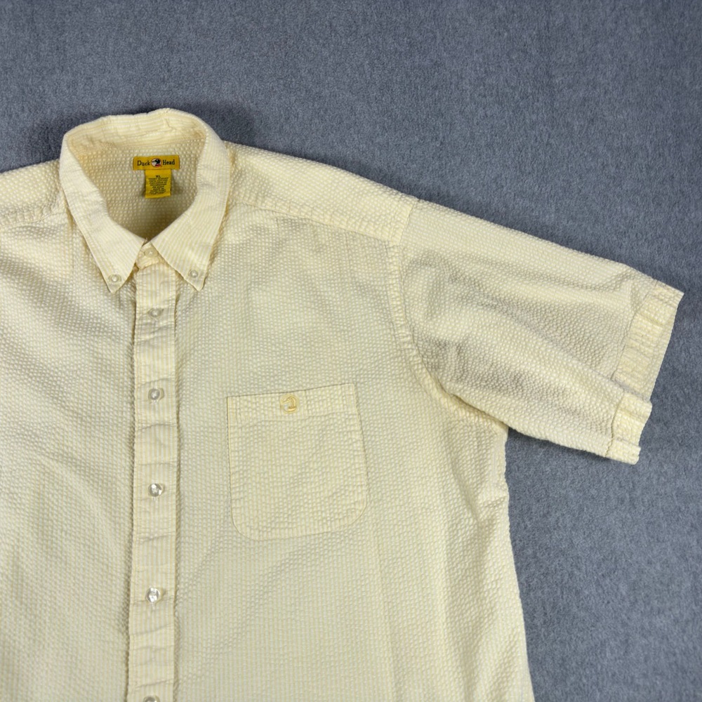 Duck Head Mens XL Yellow‎ White Striped Seersucker Short Sleeve Button Up Shirt